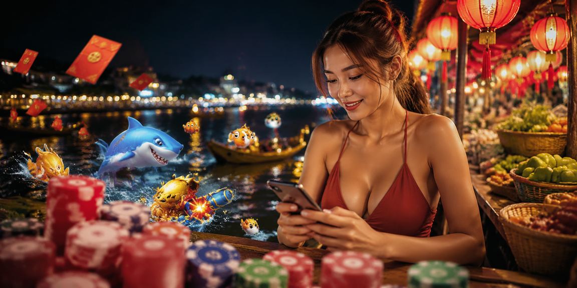 Chợ đêm Mekong với người chơi bắn cá trên điện thoại di động
