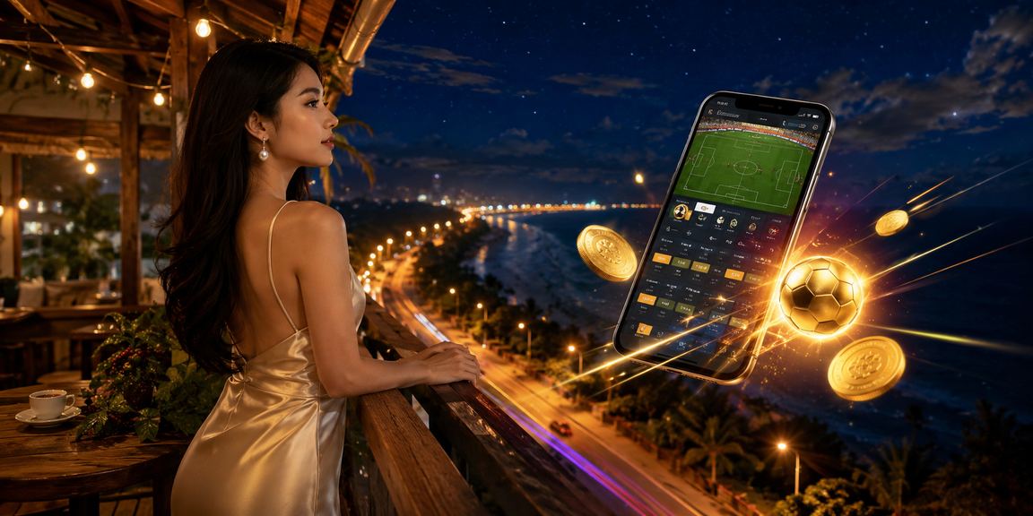 Người dùng Mũi Né theo dõi kèo thể thao và kiểm tra ưu đãi trên điện thoại bên tách cà phê