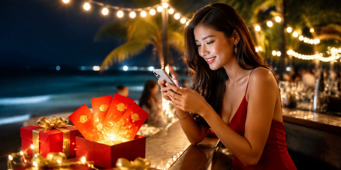 Phong bì đỏ thưởng may mắn trên bãi biển Phú Quốc tượng trưng cho ưu đãi đăng ký trực tuyến
